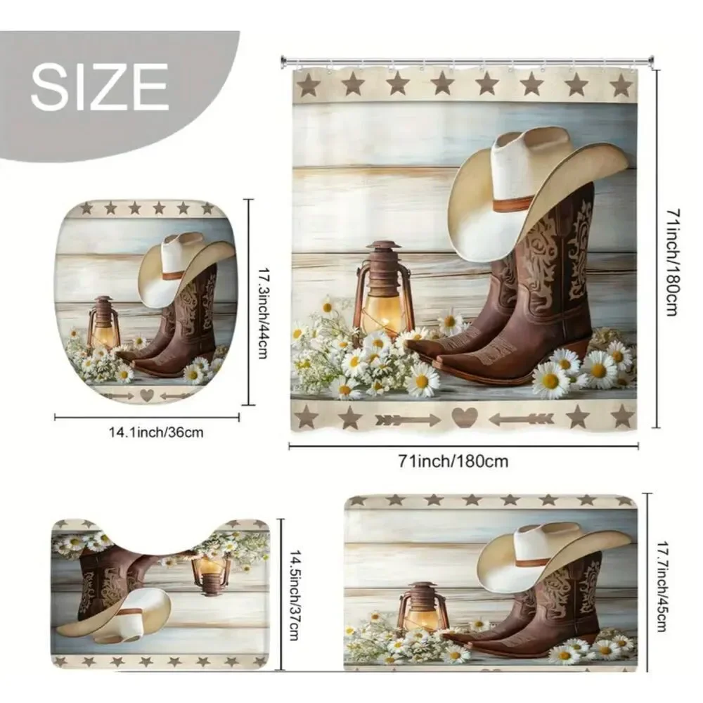 Cowboy Boots shower curtain & Bath Mat Set with Hooks - 4 Piece Collection weste